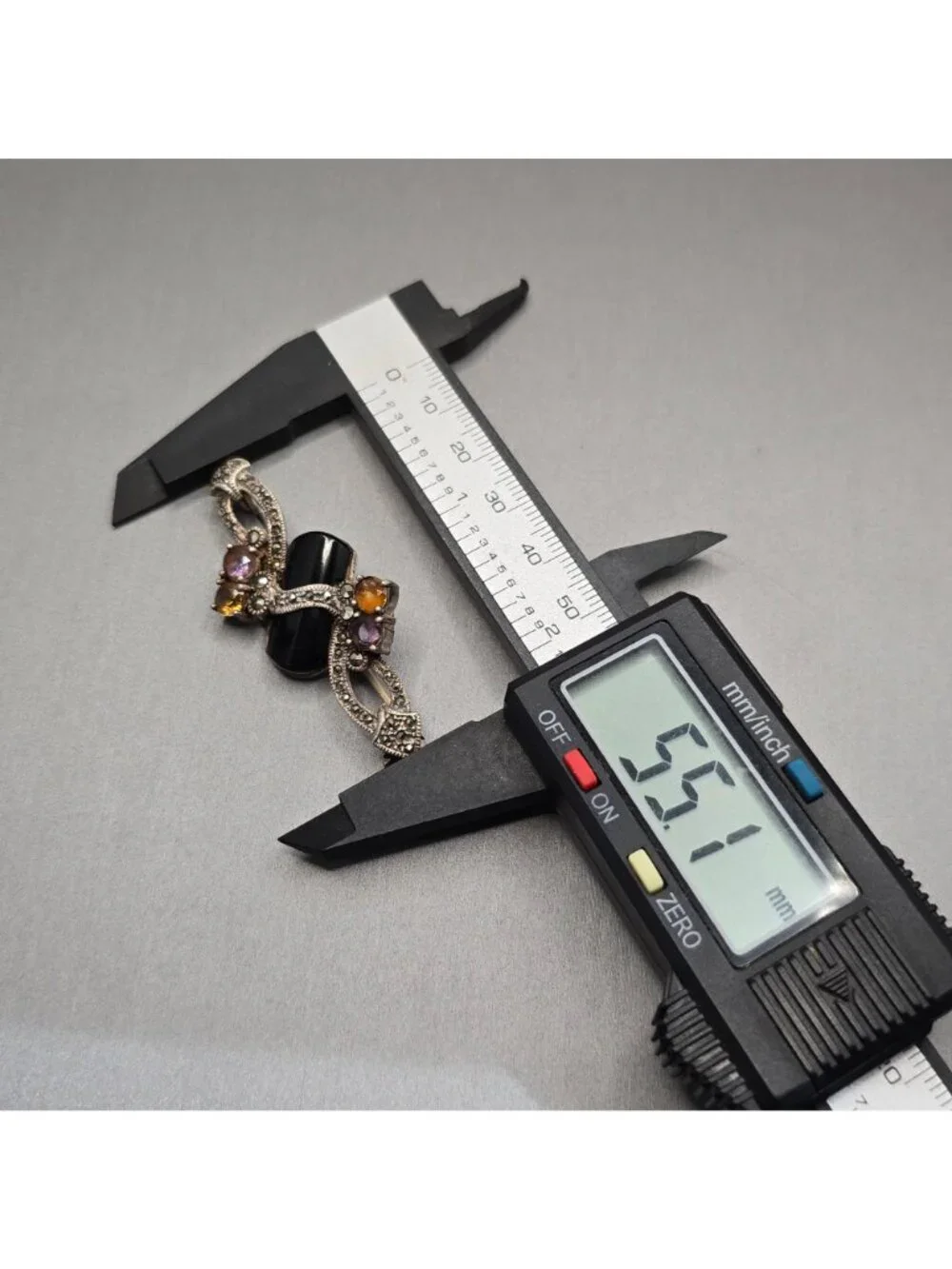 Art Deco Sterling Silver Onyx Amethyst Citrine Marcasite Brooch Vintage C Mark - Picture 13 of 15